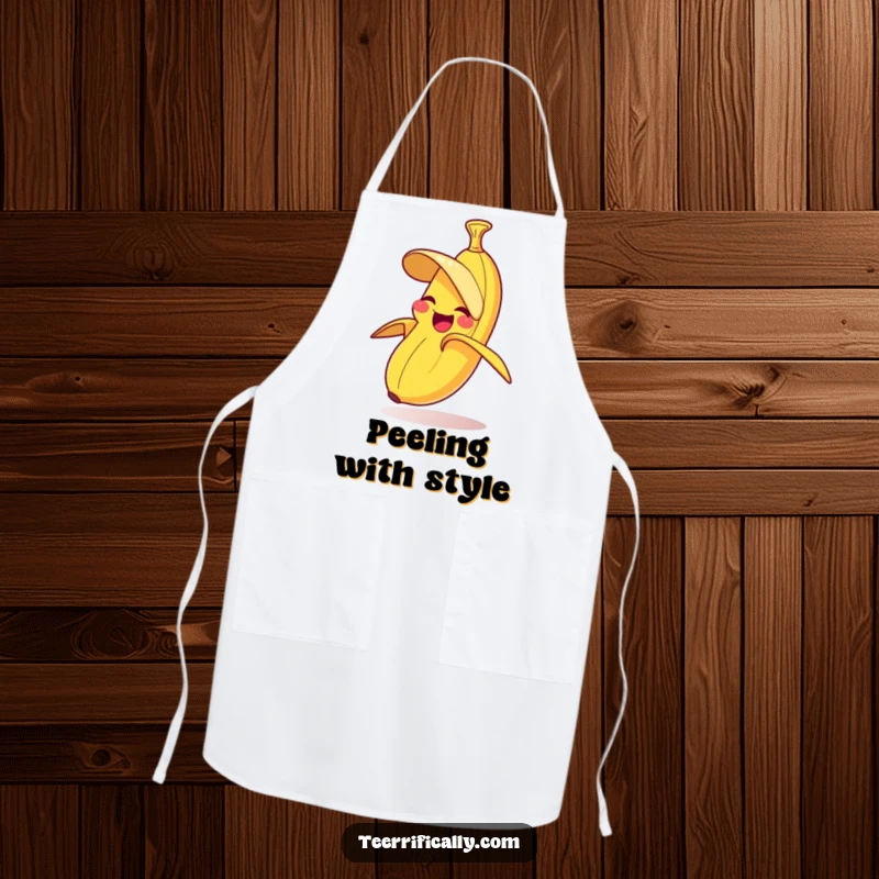 Funny chef apron showing a giggling banana comically peeling itself while preparing food in the kitchen.
