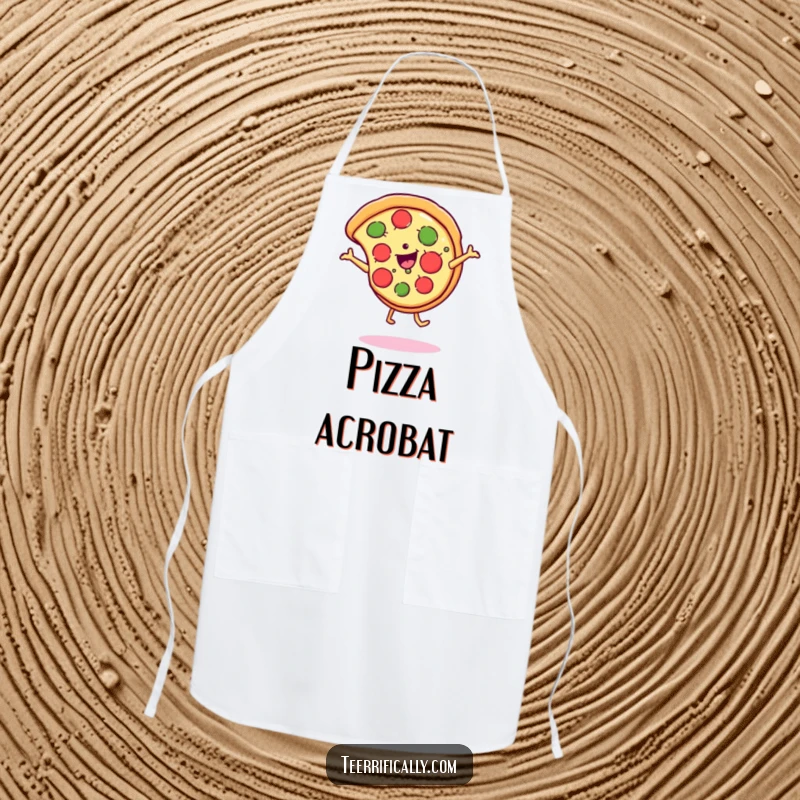 Funny Apron featuring a cheerful pizza slice doing a cartwheel, its cheesy smile adding a humorous touch to cooking.