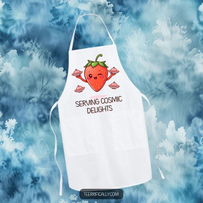 Funny winking strawberry juggling three tiny flying saucers on a kitchen apron, emphasizing humorous cosmic themes.