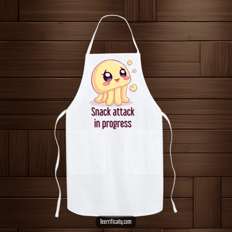 Funny apron showing a wobbly jelly trying to catch a flying popcorn kernel, perfect for kitchen protection with snack-time humor.