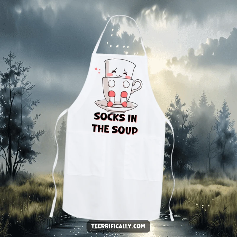 Funny apron depicting a confused teacup wearing socks, attempting to float, ready to bring quirky humor to the kitchen.