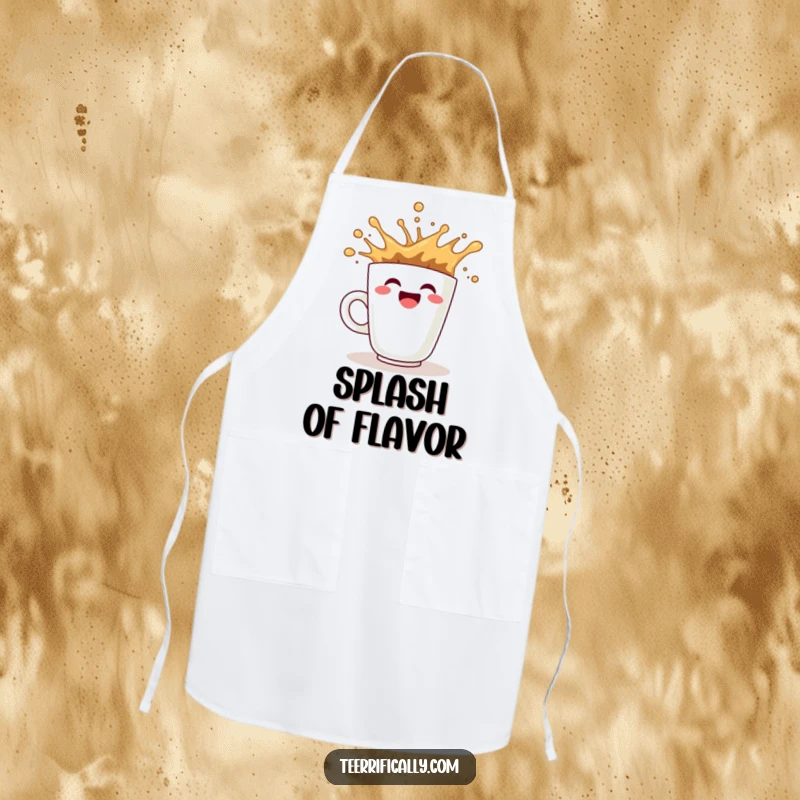 Funny coffee apron depicting a smiling cup splashing enthusiastically, perfect for a humorous cooking gift.