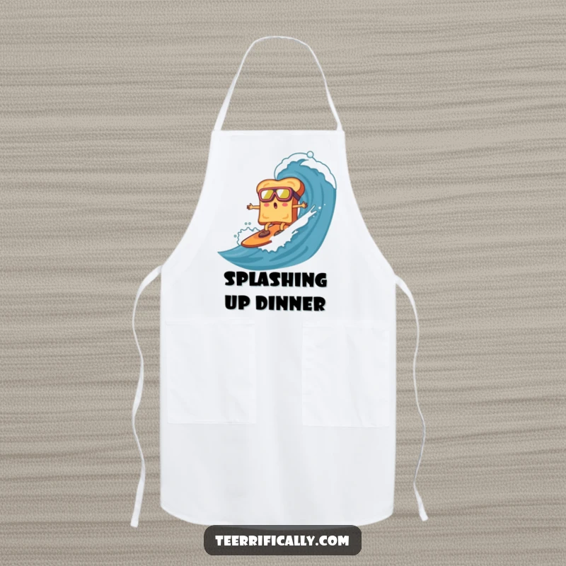 Surprised toast wearing goggles, surfing a marmalade wave, on a funny apron, ideal for kitchen humor and adventurous cooking.