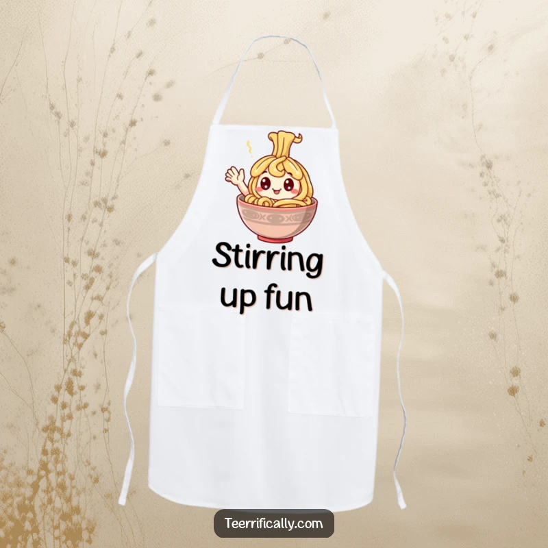 Funny Apron showcasing a happy noodle with googly eyes waving from a steaming bowl, adding humor to cooking.