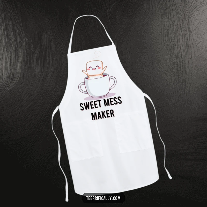 Funny apron displaying a fluffy marshmallow mid-jump from a warm mug, ideal for a joyful baker.