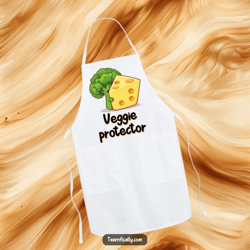Funny apron with a shy broccoli floret humorously hiding behind a giant, grinning cheese slice, adding fun to kitchen tasks.