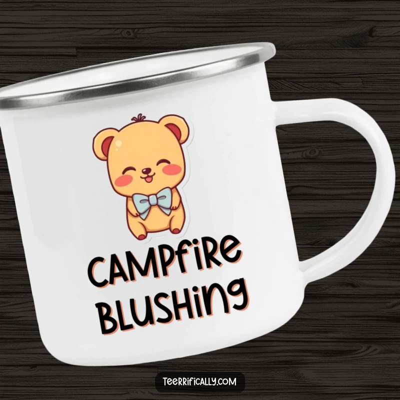 Funny camping mug with a shy hot dog character wearing a tiny bowtie and blushing, rugged and charming.