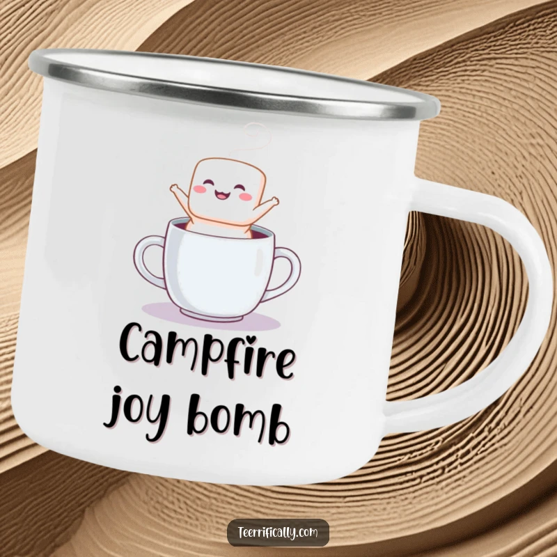 Funny enamel camping mug showing a fluffy marshmallow leaping from a steaming mug, perfect for outdoor fun.