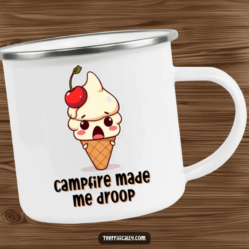 Funny ice cream camping mug: Surprised ice cream cone character with a melting cherry on its head, a great funny gift.
