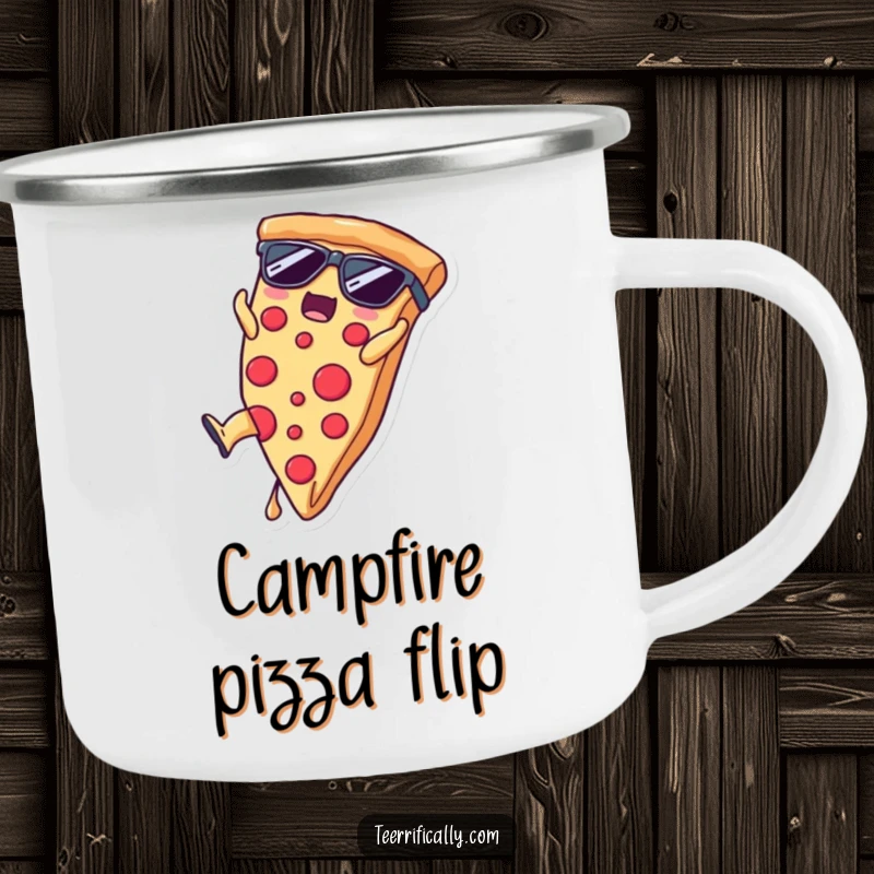 Funny pizza slice wearing sunglasses doing a somersault, durable camping mug for a funny gift.