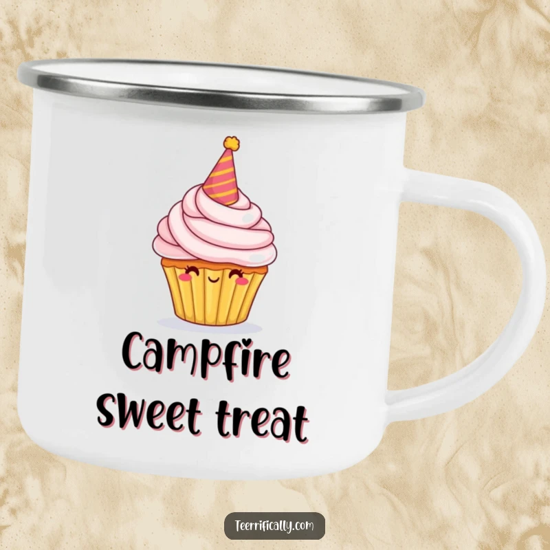 Funny Camping Mug with a proud cupcake character, party hat, and frosting, ideal for outdoor sweet treats and humor.