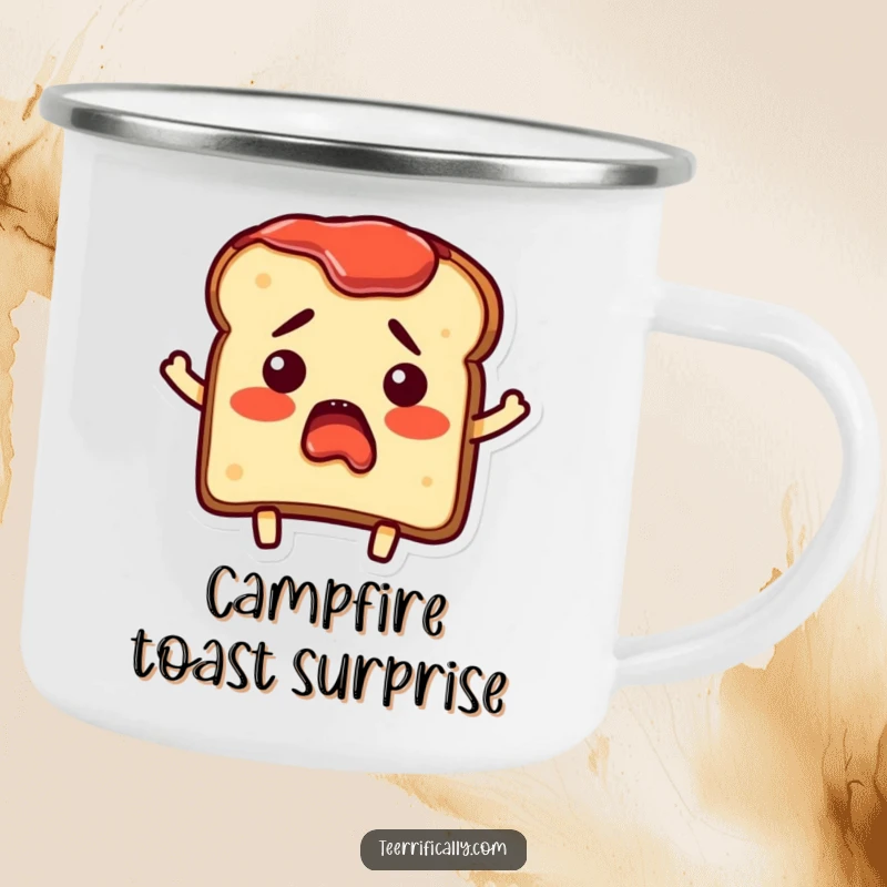 Funny Camping Mug depicting a bewildered toast character with jam spread in surprise, perfect for outdoor breakfast humor.