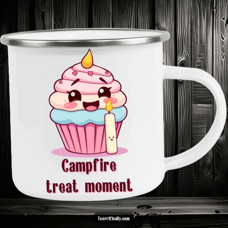 Funny camping mug showing a giggling cupcake attempting to eat its own candle, ideal for outdoor birthdays and humorous brews.