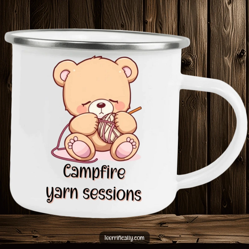 Funny sleepy teddy bear camping mug showing a drowsy bear attempting to knit, designed for outdoor use and adding a touch of cozy humor.