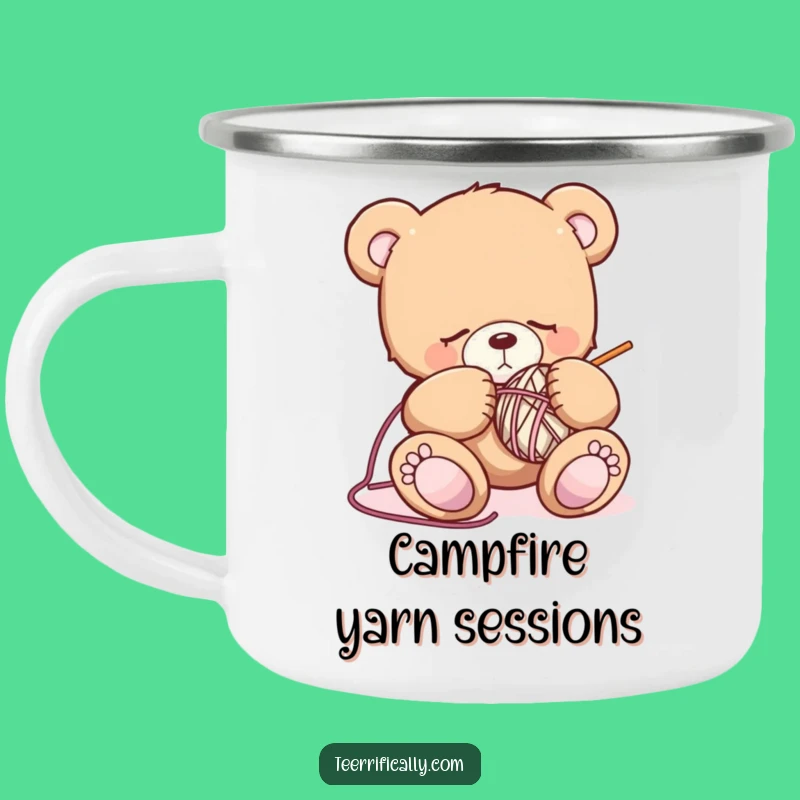 Funny Sleepy Bear Knitting Camping Mug: Your Cozy Companion for Outdoor Relaxation