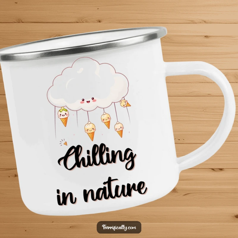 Funny camping mug with a happy cloud raining small ice creams, perfect for outdoor enthusiasts.