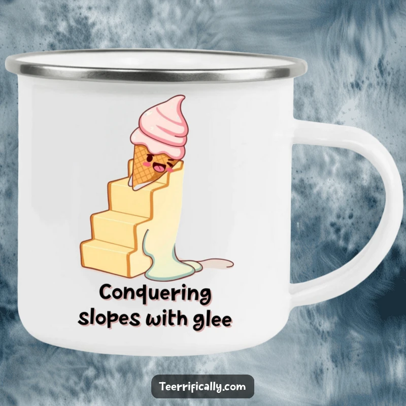 Funny camping mug with a melting ice cream cone sliding down toast stairs, great for outdoor humor.