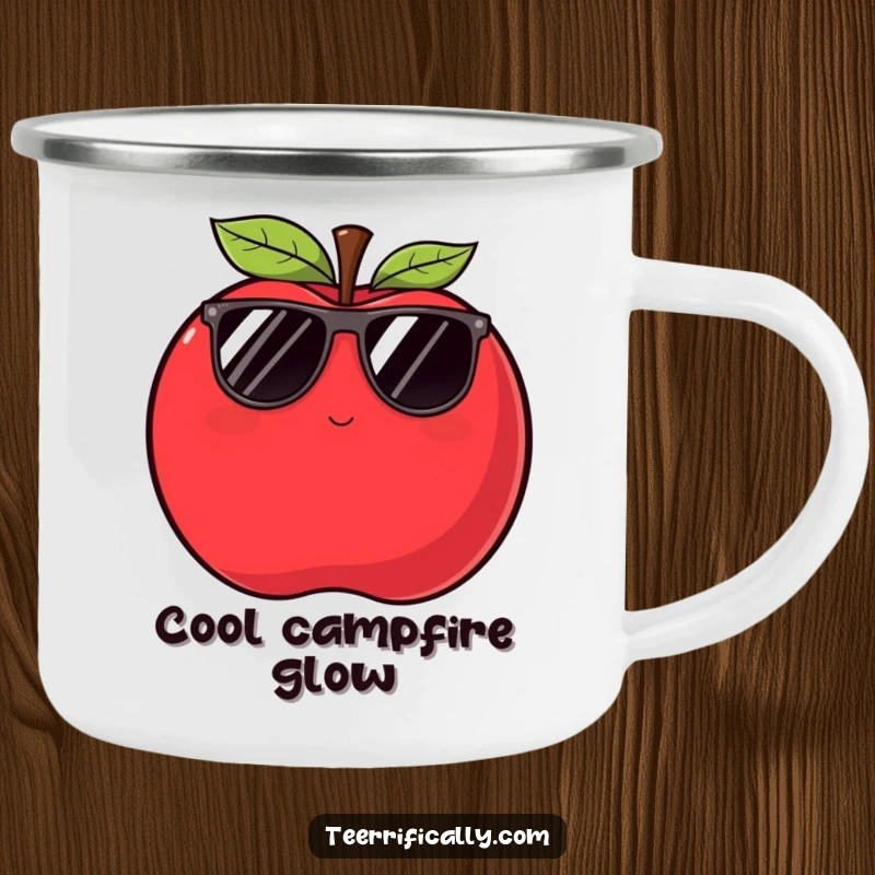 Funny apple camping mug featuring a plump red apple in sunglasses winking slyly, perfect for outdoor enthusiasts.