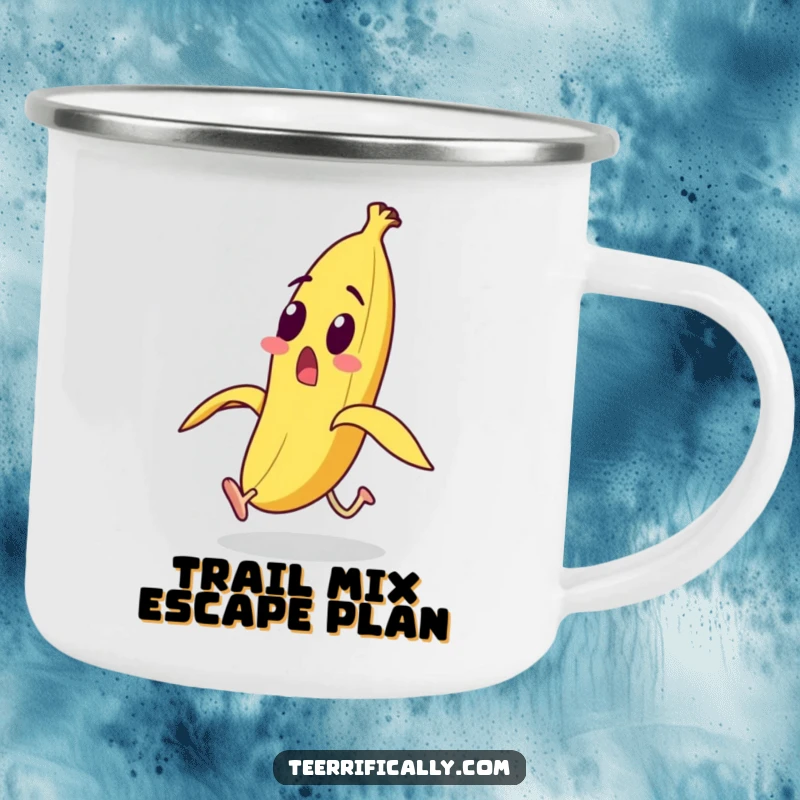 Funny surprised banana with legs running from its peel on a camping mug, for humorous outdoor enjoyment.