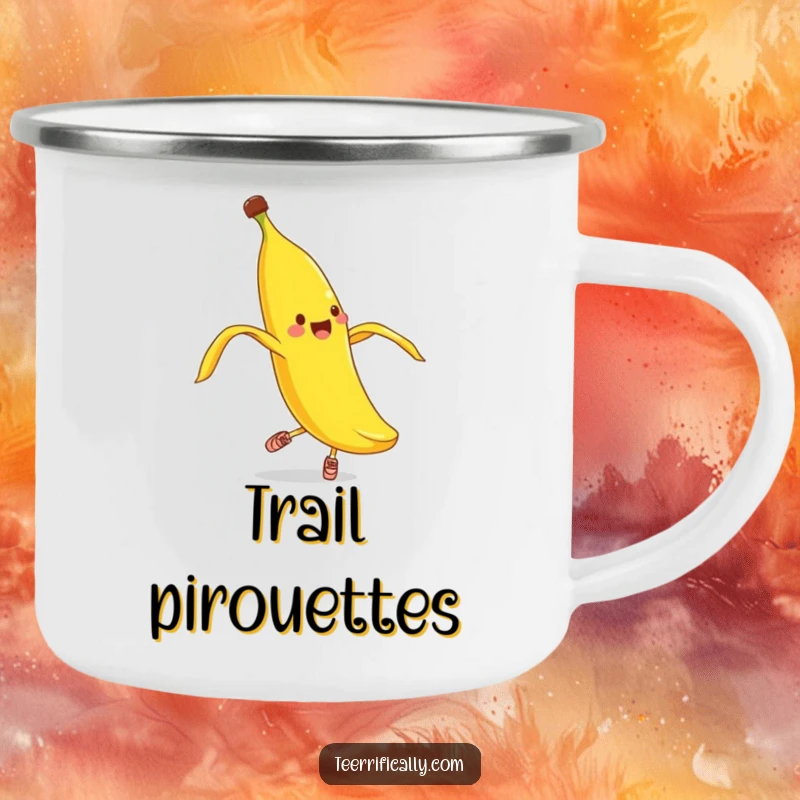 Funny banana peel pirouette camping mug, durable cup with a cheerful banana peel in shoes attempting ballet.