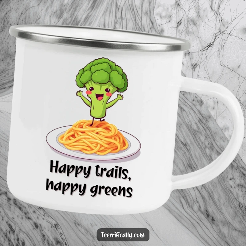 Funny camping mug with a happy broccoli floret dancing on a plate of spaghetti.