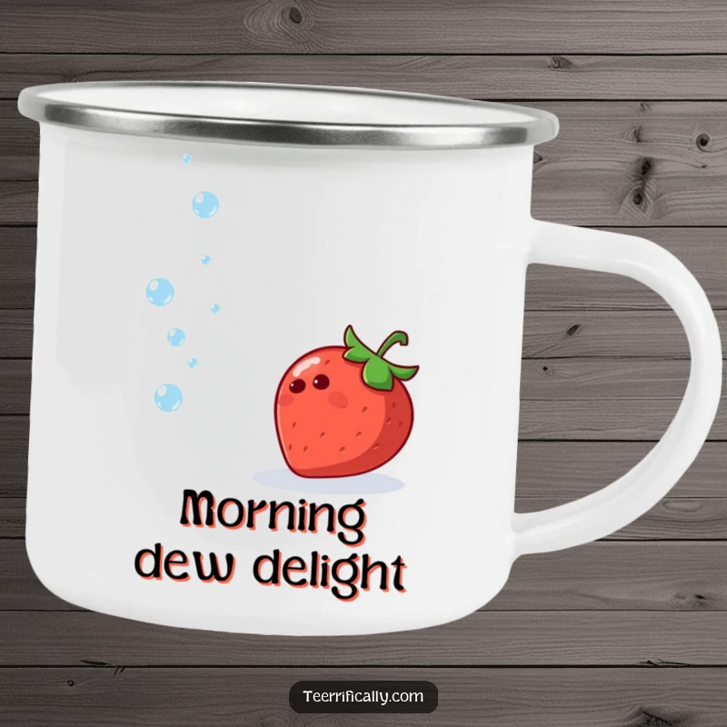 Funny camping mug featuring a cheerful strawberry juggling water droplets, celebrating fruity fun outdoors.