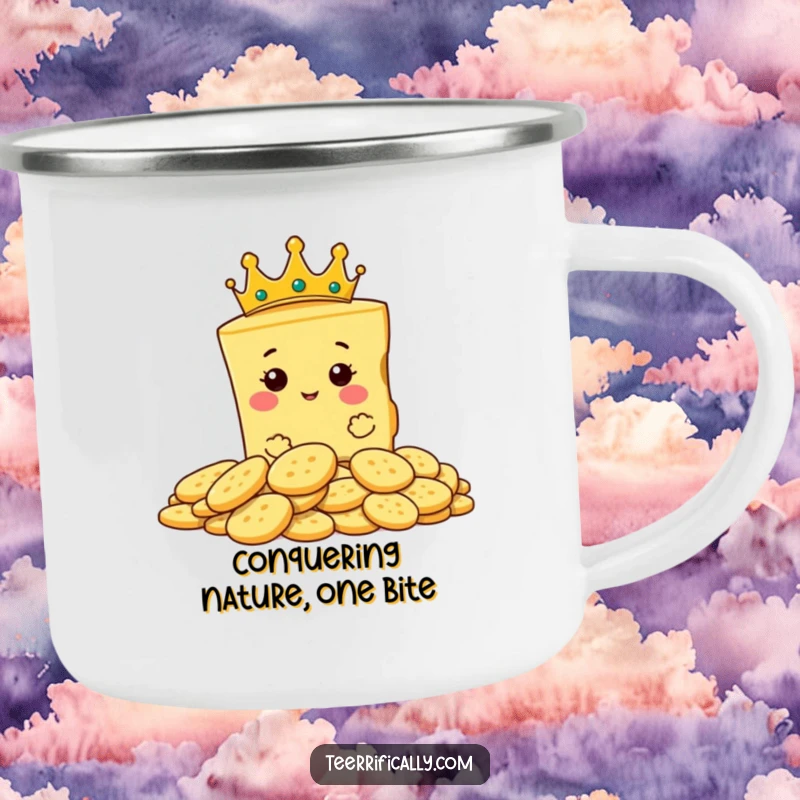 Funny camping mug with a slice of cheese wearing a small crown, regally surveying crackers.