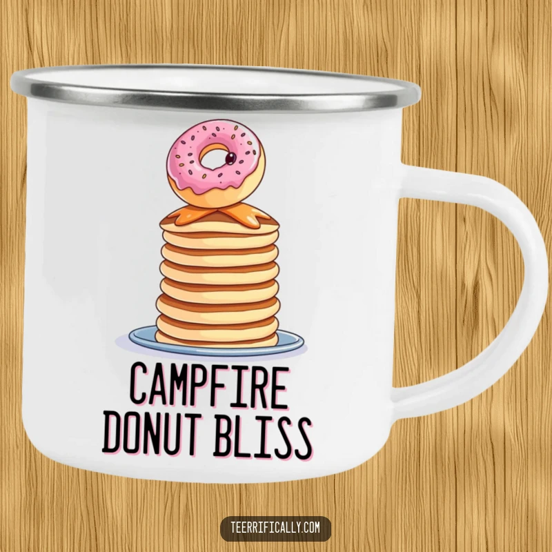Funny donut pancake camping mug, a curious donut balancing precariously on pancakes, durable, for outdoor adventures.