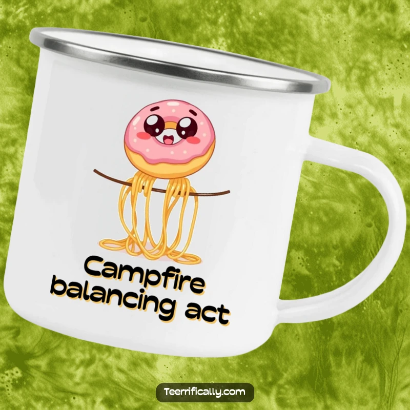 Funny wobbly jelly donut with wide eyes, balancing on spaghetti, on a rugged camping mug, for humorous outdoor dessert adventures.