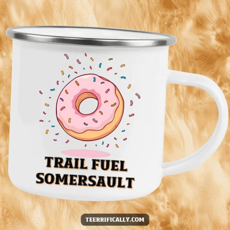 Funny Camping Mug featuring a bouncy donut doing a somersault with flying sprinkles, perfect for enjoying drinks outdoors with a burst of fun.