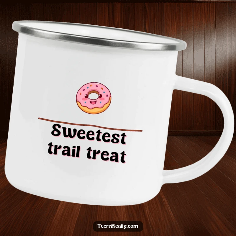 Funny donut camping mug showing a cheerful donut balancing on a tightrope, designed for durability and adding humor to outdoor beverage enjoyment.