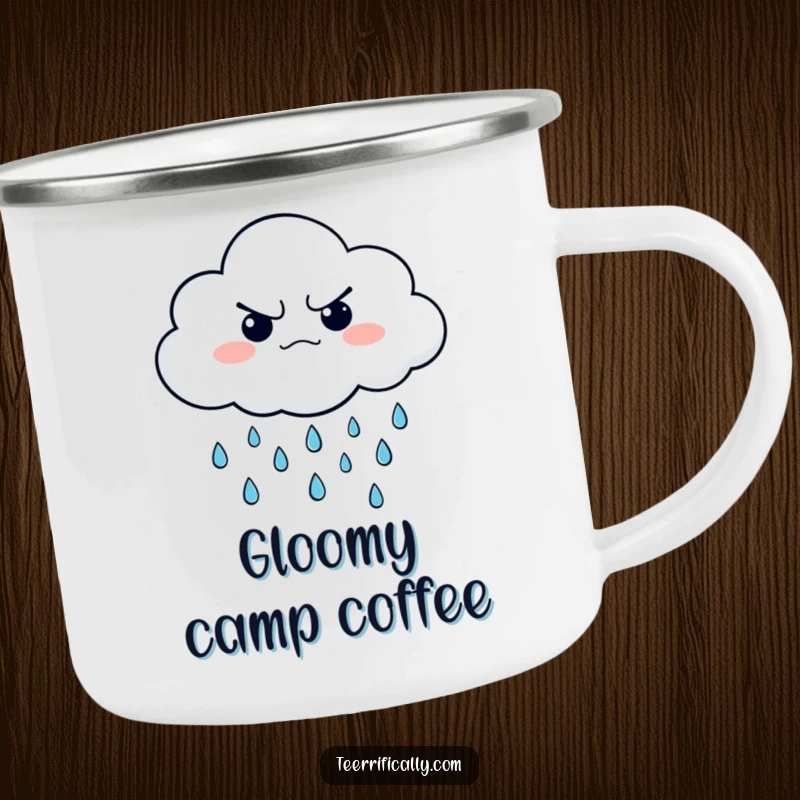Funny camping mug with a grumpy cloud character raining cheerful little raindrops, rugged and humorously contrasting.