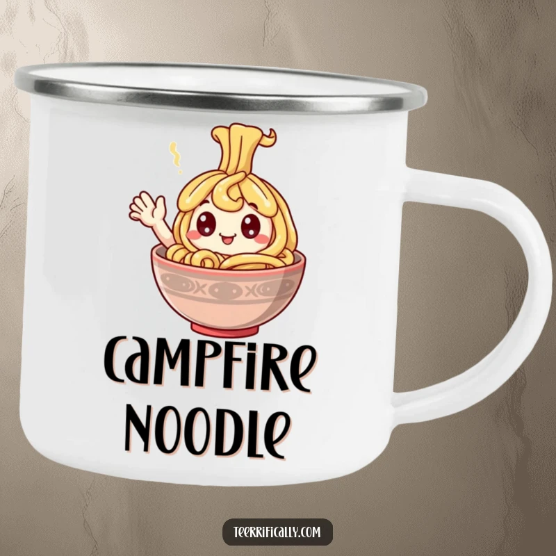 Funny Camping Mug featuring a happy noodle with googly eyes waving from a steaming bowl, ideal for outdoor beverages.