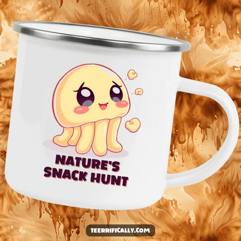 Funny camping mug showing a wobbly jelly trying to catch popcorn, ideal for campfire snacks and humorous brews.