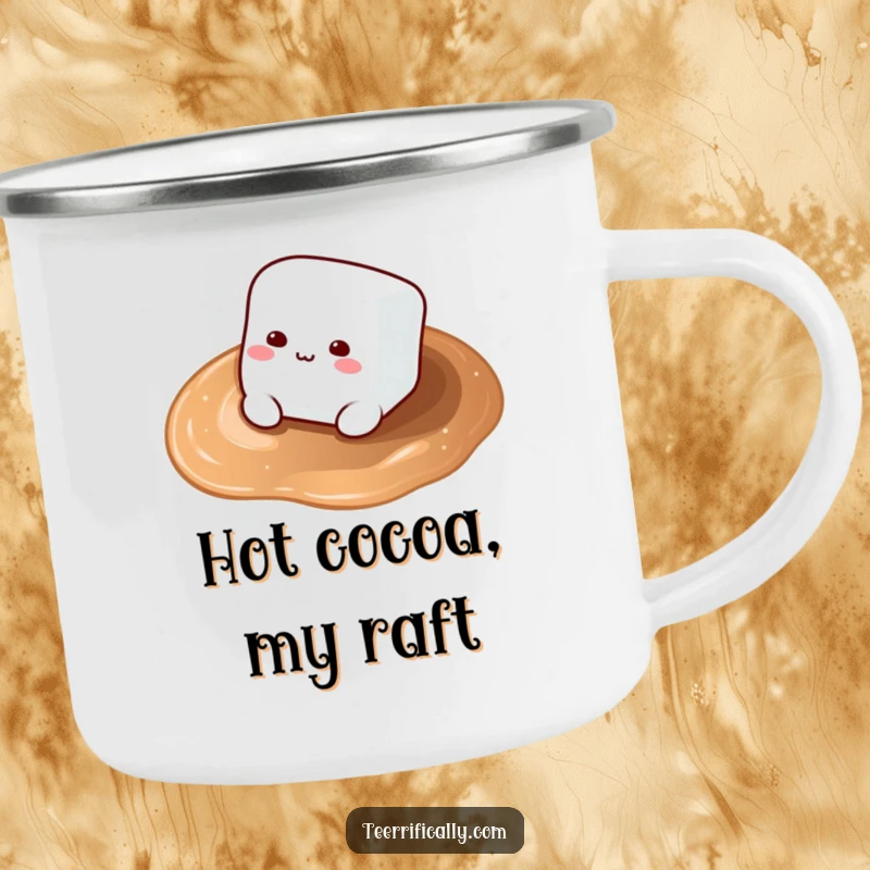 Funny Marshmallow Camping Mug: A marshmallow floats on hot cocoa, ready for cozy adventures in the great outdoors.