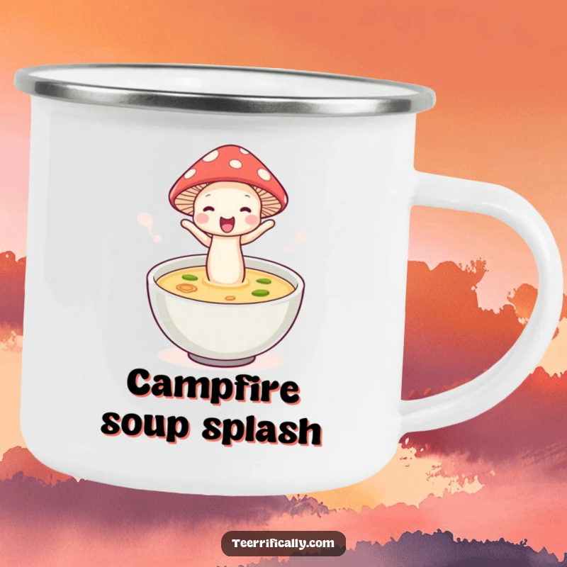 Funny mushroom soup camping mug, wearing a hat and jumping into soup, perfect for outdoor enjoyment.