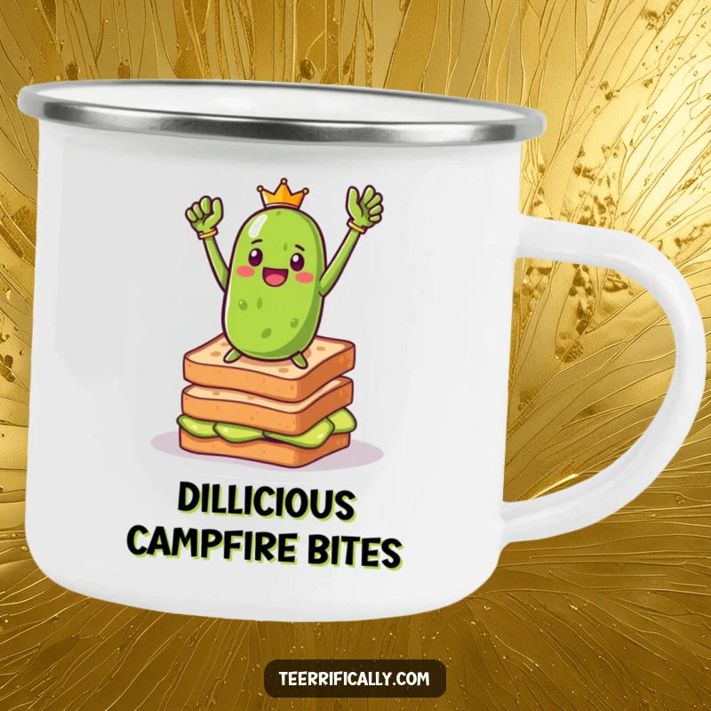 Funny pickle toast hero camping mug showing a triumphant pickle heroically posing on toast, designed for durability and adding bold humor to outdoor drinks.