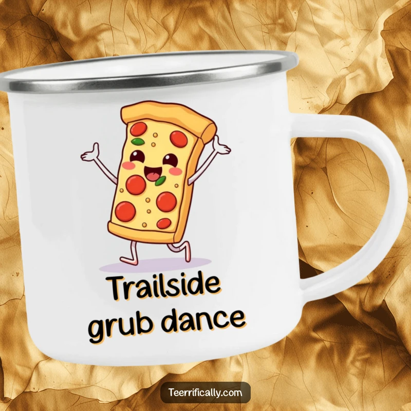 Funny happy pizza slice dancing with pepperoni feet, durable enamel camping mug, humorous outdoor gear, celebrating pizza.