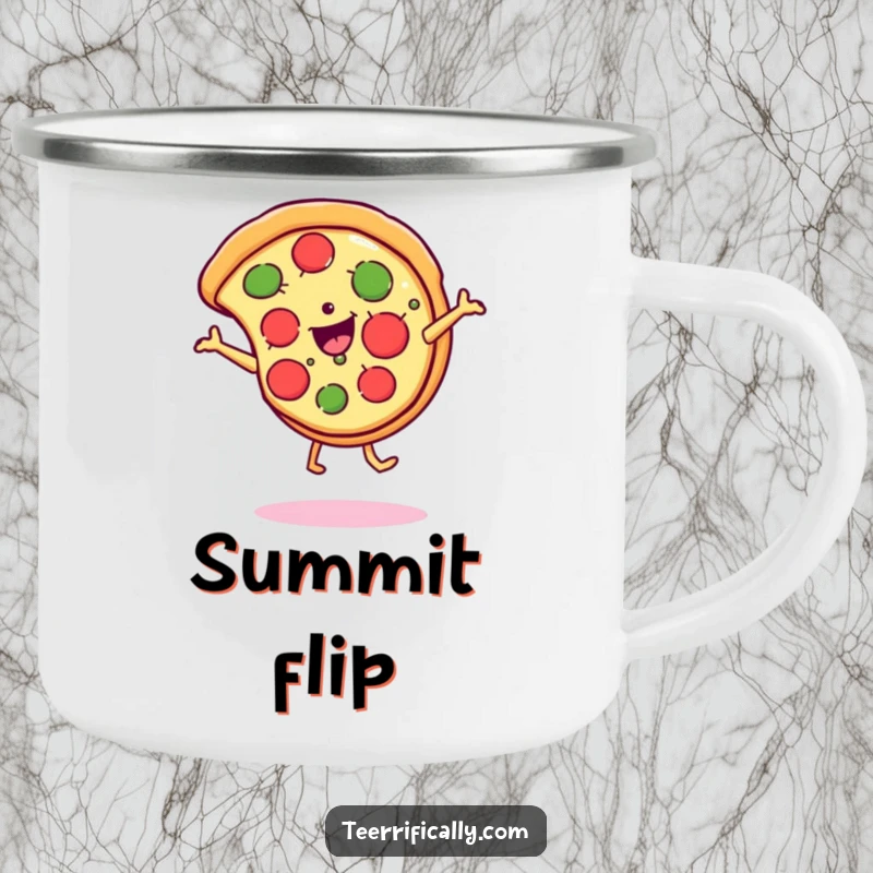 Funny Camping Mug featuring a cheerful pizza slice cartwheeling, ready for outdoor adventures with a cheesy smile.