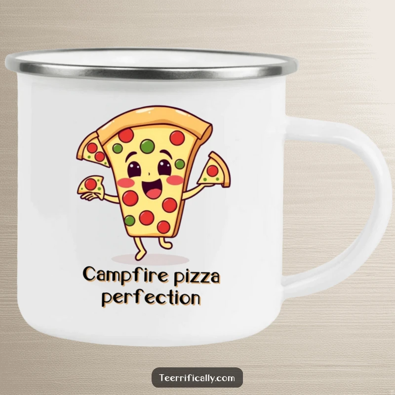 Funny pizza camping mug: Happy pizza character juggling three runaway pepperoni slices, a great funny gift.