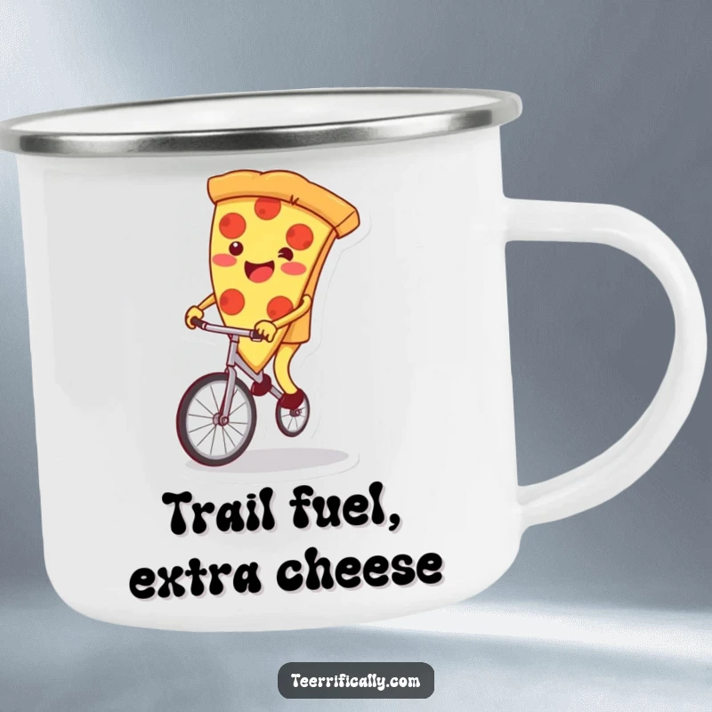 Funny pizza slice camping mug, attempting a unicycle ride outdoors, embodying adventurous and humorous spirit. Durable and fun.