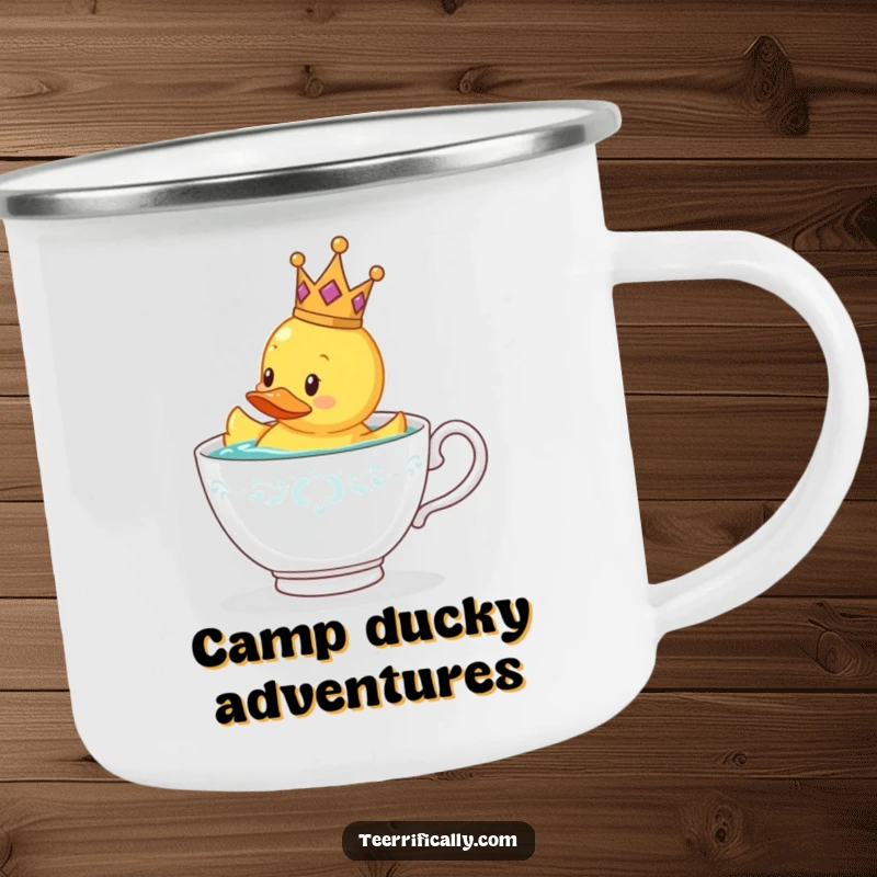 Funny rubber duck wearing a tiny crown floating in a teacup, durable camping mug for a funny gift.