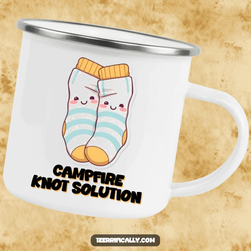 Funny Camping Mug depicting playful sock characters happily tied in a knot, perfect for outdoor humor and drinks.