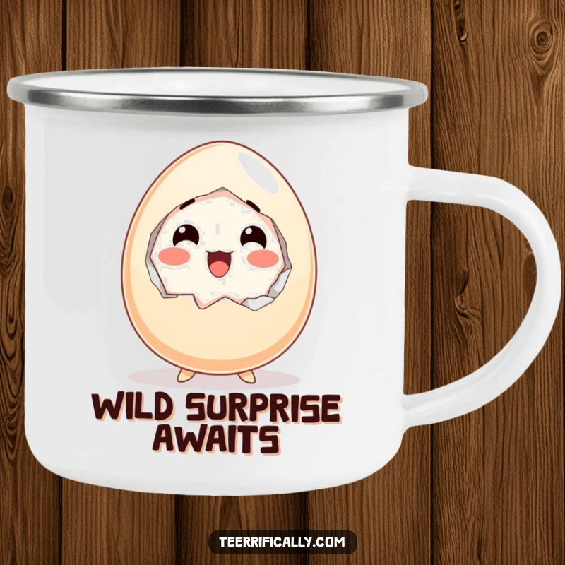 Funny enamel camping mug depicting a startled cartoon egg cracking itself open with a look of happy surprise.