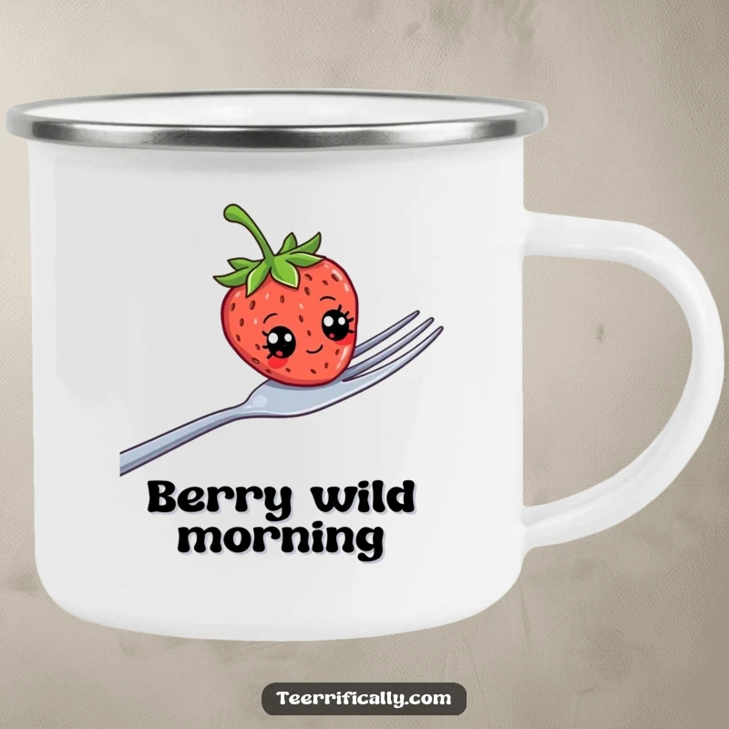 Funny strawberry with silly googly eyes teetering on a giant fork, printed on a durable camping mug for outdoor humor.