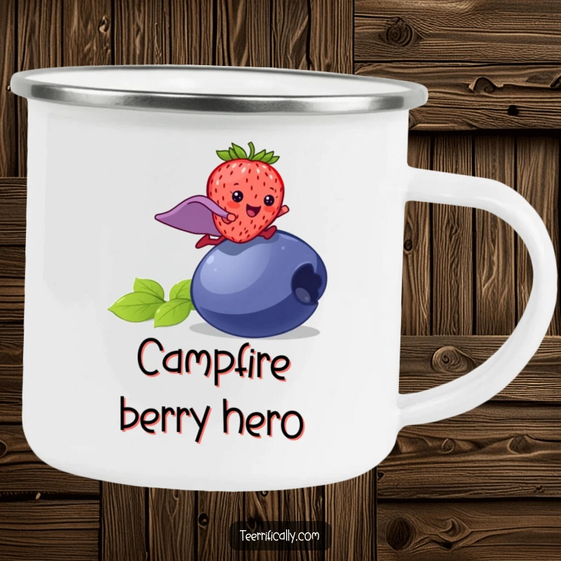 Funny strawberry superhero camping mug, a happy strawberry with a cape leaping over a blueberry, durable, for outdoor adventures.