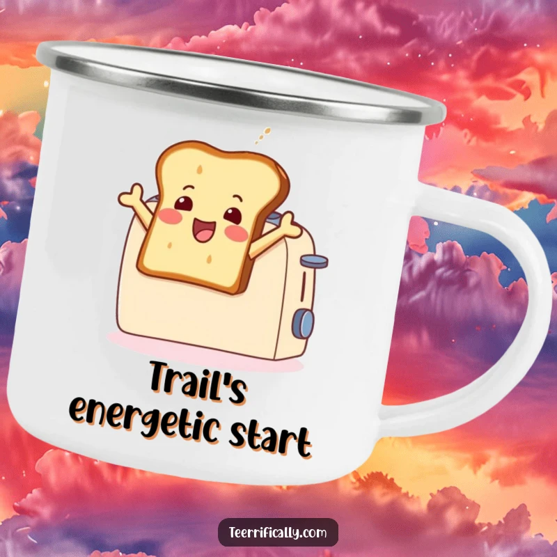Funny camping mug showing a happy toast slice leaping from a toaster, bringing playful breakfast energy to outdoor adventures and coffee breaks.