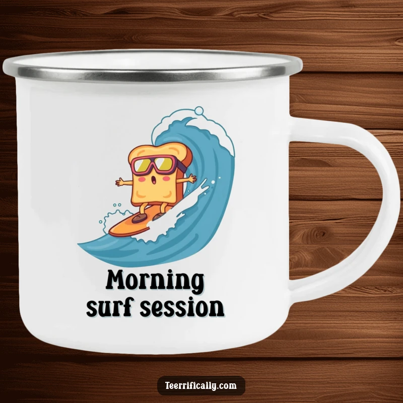 Funny toast with goggles, surfing a marmalade wave, on a rugged camping mug, for humorous outdoor breakfast adventures.
