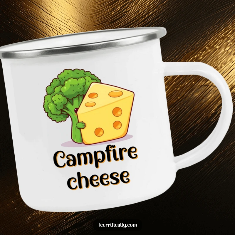 Funny camping mug showing a shy broccoli floret humorously hiding behind a giant, grinning cheese slice, ready for outdoor food fun.