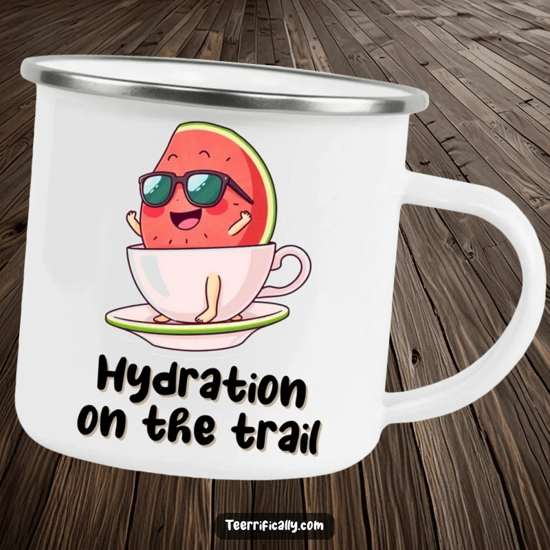 Funny watermelon slice camping mug, sunglasses on, surfing a teacup, perfect for refreshing drinks outdoors with humor. Sturdy item.